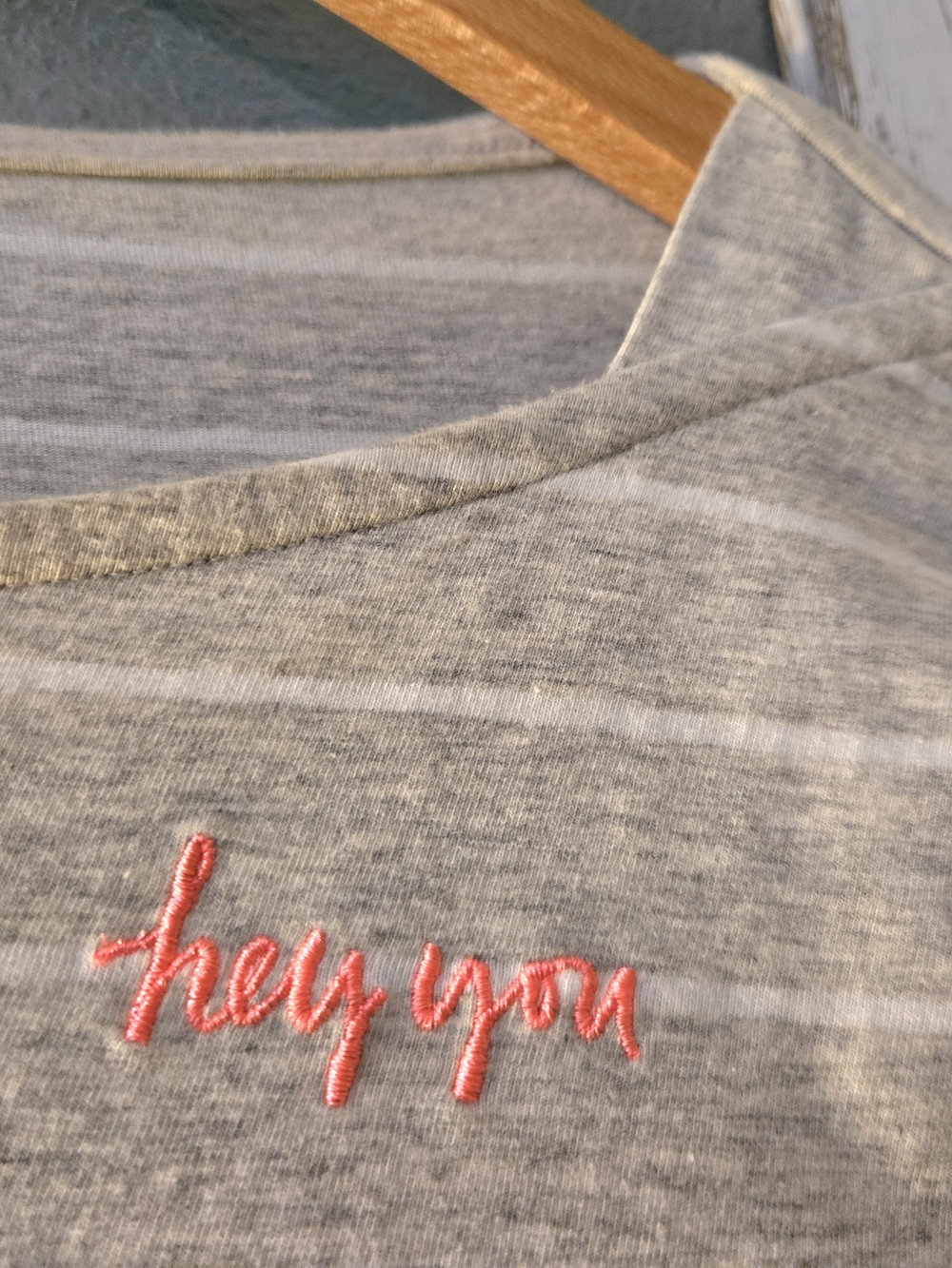 A New Day | Striped GrayPink "Hey You" Boatneck 3/4 Sleeve Tee - Medium - Picture 2 of 5